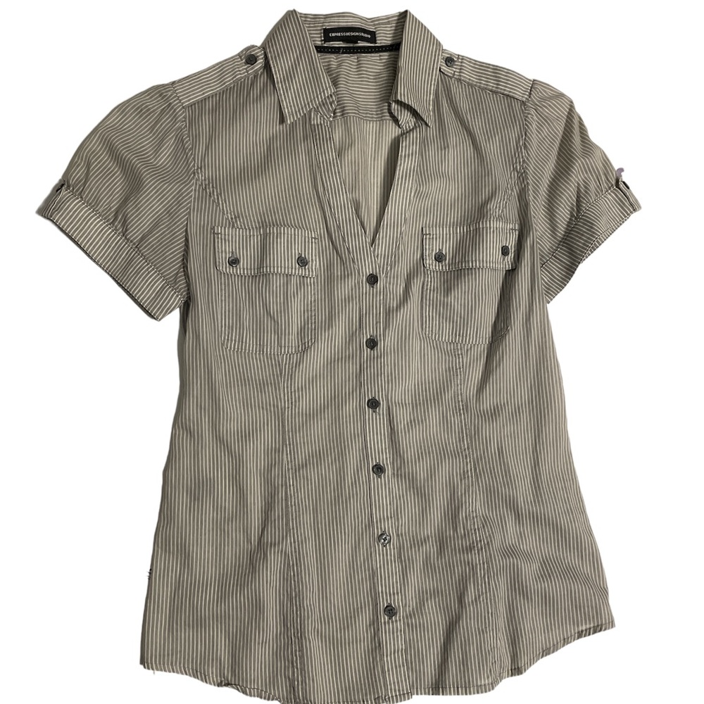Expressoe sign studio Women’s top/blouse,short sleeves,white / gray pinstriped M - Picture 12 of 12